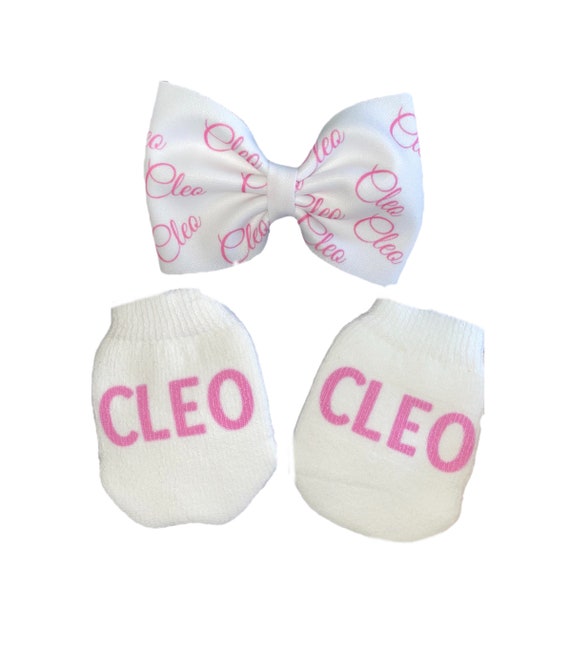 MITTENS & Bow Headband and option to add socks. No Scratch Mittens with NAME. Perfect Shower / Newborn Gift Every Baby Needs Every Mom Loves