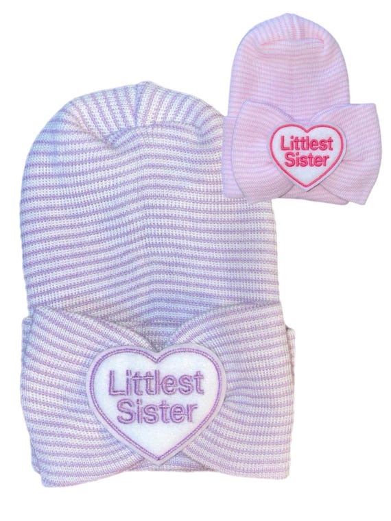 Baby Bow Hat Now with Littlest Sister Embellishment Newborn Hospital Beanie.  Baby Newborn Hats.  Littlest Sister