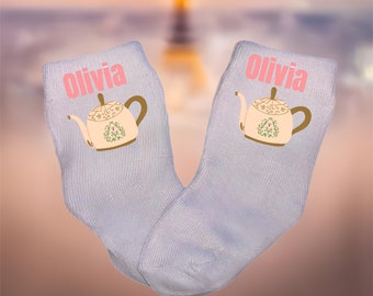 Baby/Toddler/Child Tea Kettle with Name Socks Multiple sizes offered. Choose from 0-6 months to 10 years.  Every Baby Needs. Cute Baby Gift!