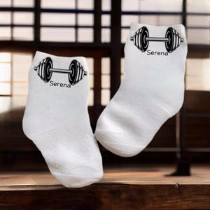 Baby/Toddler/Child Weight Lifter Barbell Socks and option to add name. Multiple sises offered. Choose from 0-6 months to 10 years. Cute Gift