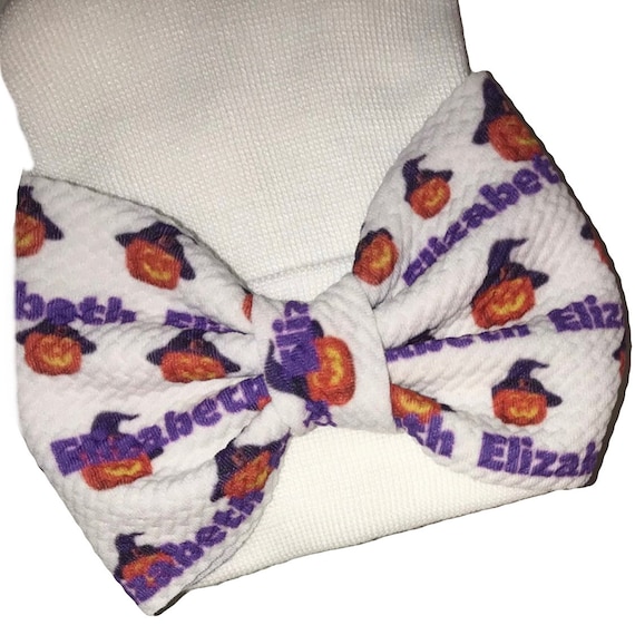 Girls Halloween Fall Bow with NAME on Hat, Headband or Clip! Custom Made Fabric Bow. EXCLUSIVE