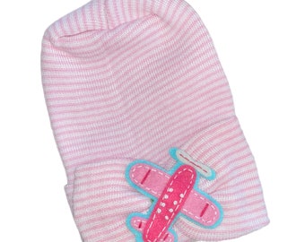 Baby Girl Hat Bow Beanie with Airplane Newborn Hospital Beanie Hat. Perfect 1st Keepsake! Great Baby Gift! Every Baby Needs One!