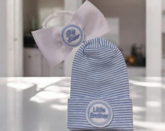 Newborn Sibling Set.  Great Gift. Little Brother Hat and Big Sister Headband. Choice of White Bow or Same Material as Hat Bow.