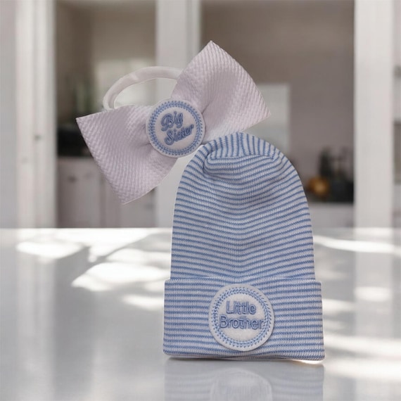 Newborn Sibling Set.  Great Gift. Little Brother Hat and Big Sister Headband. Choice of White Bow or Same Material as Hat Bow.