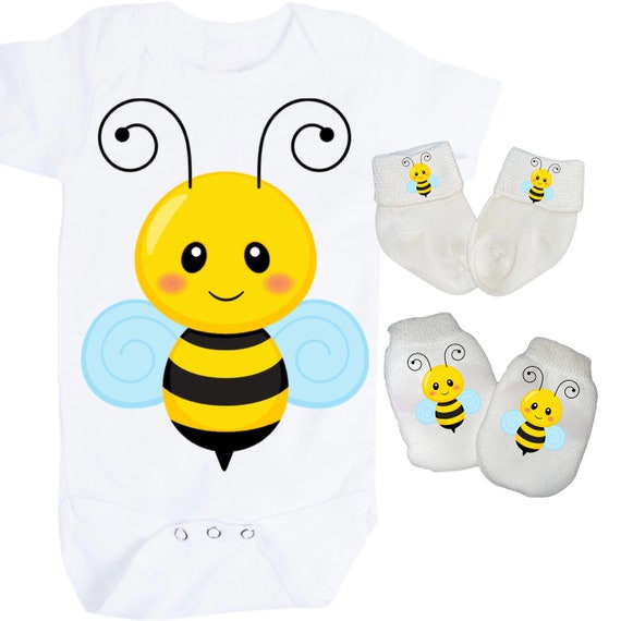 Bee Baby Bodysuit in Your Choice of Gender or Gender Neutral with No Scratch Mittens and Socks! Size 0-3 Months. EXCLUSIVELY FOUND HeRe!