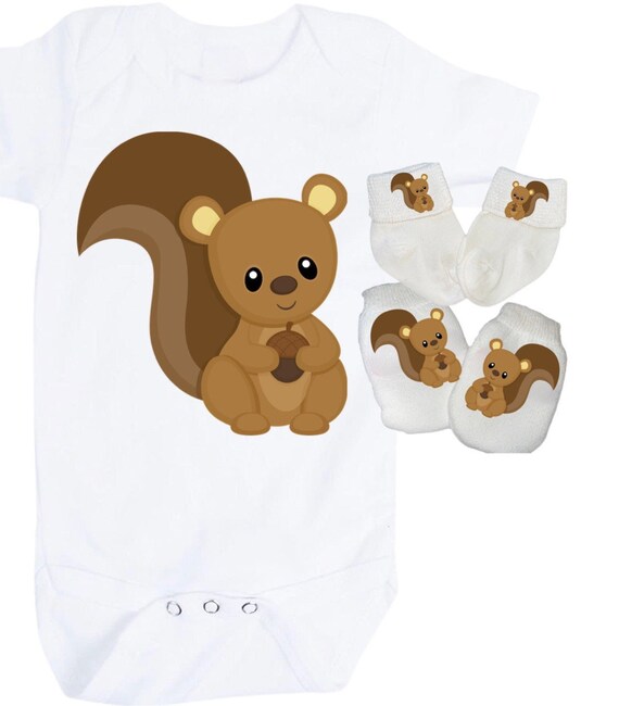 Squirrel Baby Bodysuit with No Scratch Mittens and Socks! Size 0-3 Months. EXCLUSIVELY FOUND HeRe!