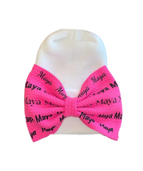 Name Bow Hat or Headband. Hot Pink Bow with Name in Black. Newborn Size Hat. Great Photo Prop.