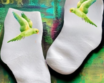 Baby/Toddler/Child Cute Parakeet Socks. Multiple sizes offered. Choose from 0-6 months to 14 years. Cute Gift!