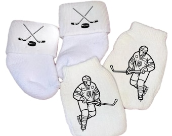 MITTENS & Sock Option Newborn no scratch Mittens Hockey Theme. Boy or Girl! Perfect Shower / Newborn Gift! Every Baby Needs. Cute Baby Gift!