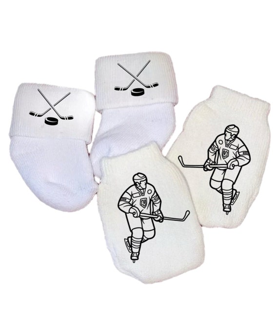 MITTENS & Sock Option Newborn no scratch Mittens Hockey Theme. Boy or Girl! Perfect Shower / Newborn Gift! Every Baby Needs. Cute Baby Gift!