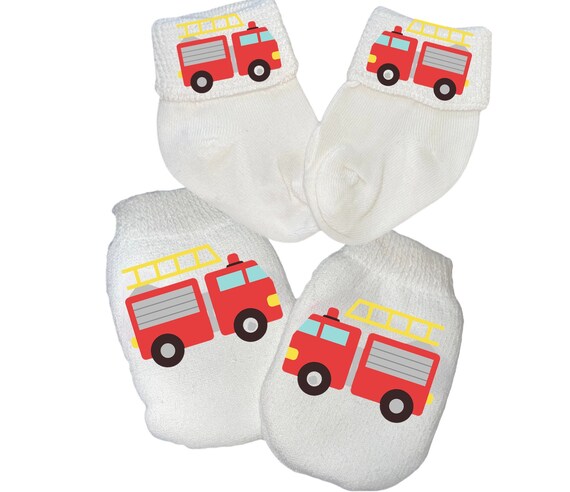 MITTENS with Option to add matching socks. No scratch Mittens With Firetruck For Boy or Girl Perfect Gift! Every Baby Needs. Cute Baby Gift!