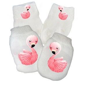 MITTENS & Sock Option Newborn no scratch Mittens With Flamingo. Boy or Girl! Great Shower / Newborn  Gift! Every Baby Needs. Cute Baby Gift!