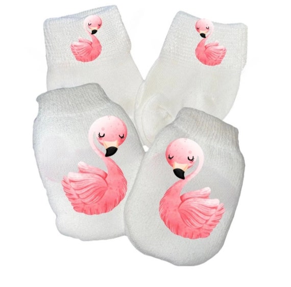 MITTENS & Sock Option Newborn no scratch Mittens With Flamingo. Boy or Girl! Great Shower / Newborn  Gift! Every Baby Needs. Cute Baby Gift!