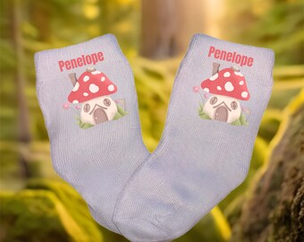 Baby/Toddler/Child Mushroom House with Name Socks Multiple sizes offered Choose from 0-6 months to 7 years Every Baby Needs. Cute Baby Gift!