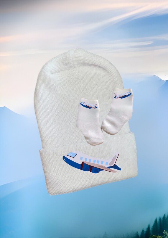 Newborn Hospital Hat Airplane. Option to add Socks & Mitts.Great Gift. Baby's 1st Keepsake. Cute