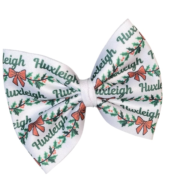 Girls Holiday Bow with NAME on Nylon Headband , Newborn Hat or or Alligator Clip! Custom Made Farbic Bow. EXCLUSIVE