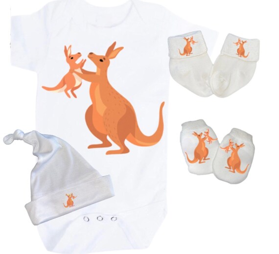 Kangaroo Baby Bodysuit with No Scratch Mittens and Socks and Option to Add HaT! Size 0-3 Months. EXCLUSIVELY FOUND HeRe!