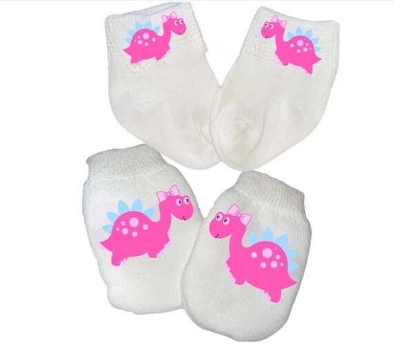 MITTENS & Sock Option Newborn no scratch Mittens With Dinosaur for Girl! Perfect Shower/Newborn Gift Every Baby Needs. Cute Baby Gift!