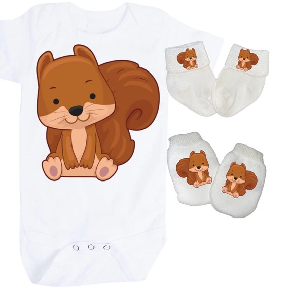 Squirrel Baby Bodysuit with No Scratch Mittens and Socks! Size 0-3 Months. EXCLUSIVELY FOUND HeRe!