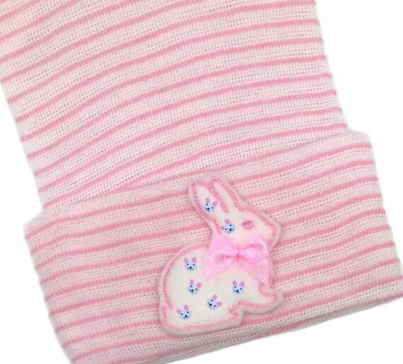Newborn Hospital Hat Baby Beanie. Pink and White Stripe Hat with BUNNY! Cute and Makes a Great Gift and Cute Photo Prop!