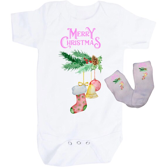 Christmas Baby Bodysuit with Option to add Socks and No Scratch Mittens. Size 0-3 Months to 24 Months. EXCLUSIVELY FOUND HeRe!