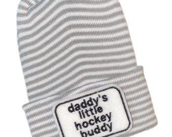 Newborn Hat daddy's little Hockey buddy and OPTIONal Mittens YOU CHOOSE WoRD COLOR  1st Keepsake, Gender Reveal, Surprise Dad!
