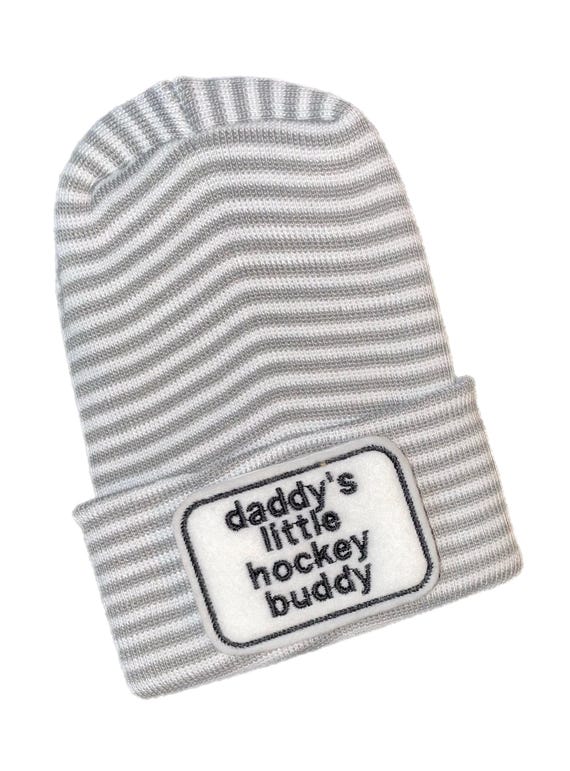 Newborn Hat daddy's little Hockey buddy and OPTIONal Mittens YOU CHOOSE WoRD COLOR  1st Keepsake, Gender Reveal, Surprise Dad!