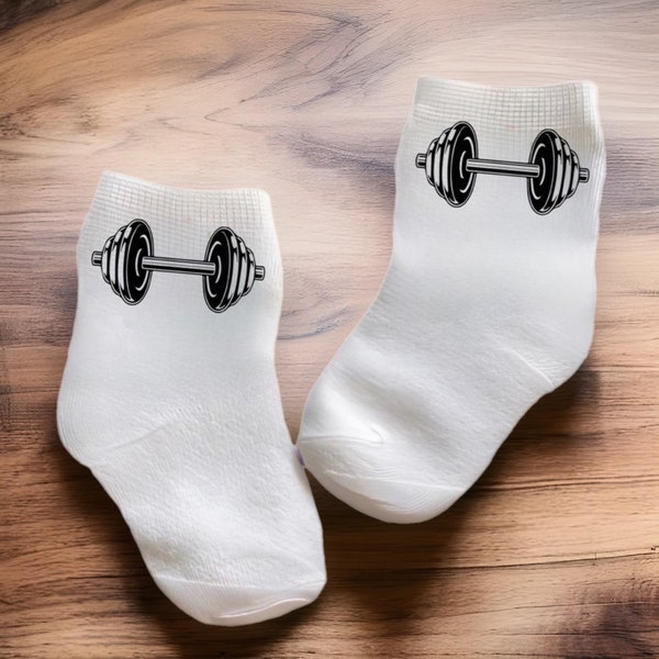 Baby/Toddler/Child Weight Lifter Barbell Socks. Multiple sises offered. Choose from 0-6 months to 10 years. Cute Baby Gift!