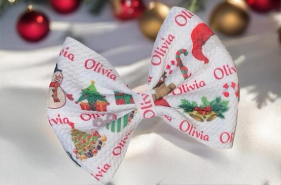 Girls Christmas Bow with NAME on Hat, Headband or Clip! Custom Made Farbic Bow. EXCLUSIVE