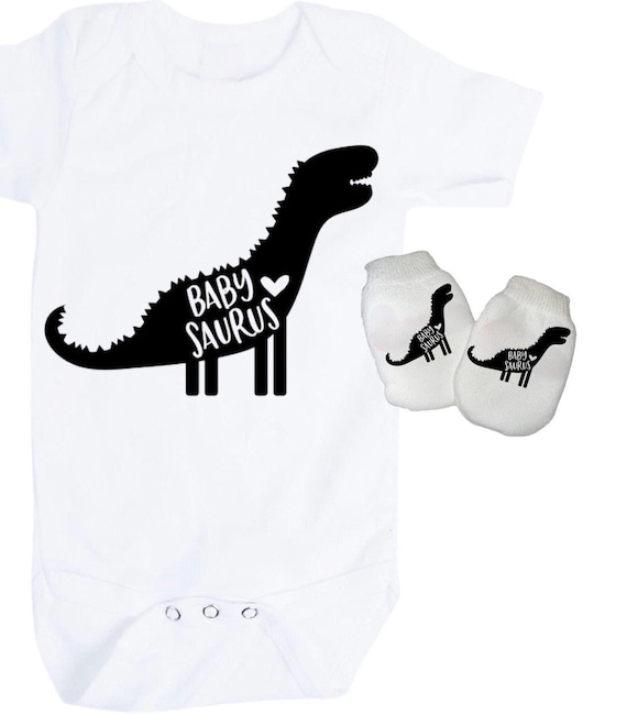 Baby Bodysuit with Baby Saurus and Option to add No Scratch Mittens. You choose bodysuit size. 1st Keepsake! GREaT GiFT! 1st Keepsake!