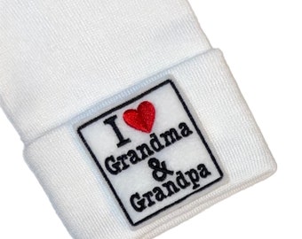 Newborn Hat. I LOVE Grandma & Grandpa . Option to add Mittens! Choice of Hat Colors.Perfect Gift! Newborn Hospital Hat. Baby's 1st Keepsake!