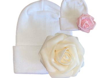 Newborn Hospital Hat! White Hat with  Off with Choice of Ivory or Pink Flower! Perfect for new Baby. Gender Reveal