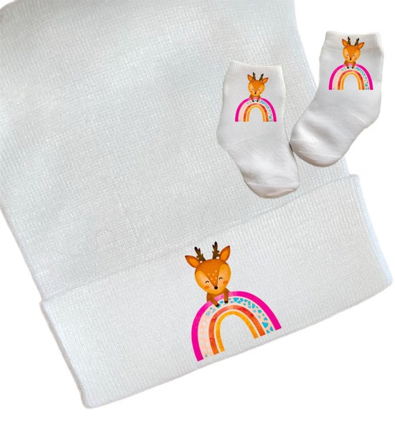 Newborn Hospital Hat Fawn RAINBOW BABY. Option to add Socks & Mitts.Great Gift. Baby's 1st Keepsake. Cute