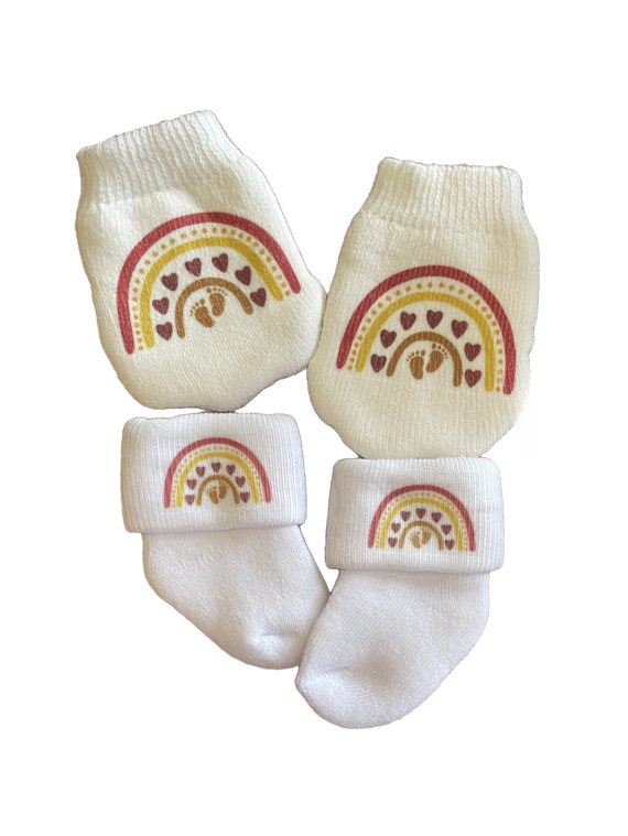 Rainbow No Scratch Mittens and Socks. Newborn Hat.. 1st Keepsake. New Baby Great Gift! Rainbow Blessing!