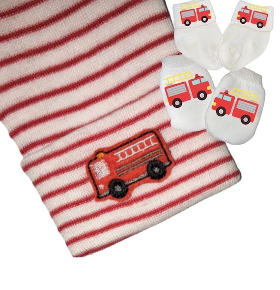 NEWBORN Red and White or other Color Hospital Hat with Fire truck & Option to add Socks/Mitts Baby's Keepsake. Fireman's Baby Great Gift.
