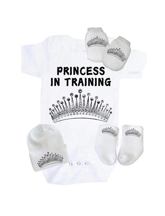 Baby Bodysuit with Princess in Training with Crown. Set includes Bodysuit, Hat, Socks and no scratch Mittens in size Newborn OR Preemie