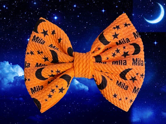 Girls Orange Bow with NAME, Moon and Stars On Nylon Headband, Alligator Clip or White Newborn Hat! Custom Made Fabric Bow. EXCLUSIVE