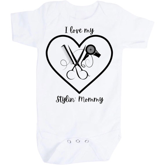 Baby Bodysuit with I Love My Stylin Mommy with Scissors, Comb and Blow Dryer. Perfect for Hairdresser Baby. 1st Keepsake!