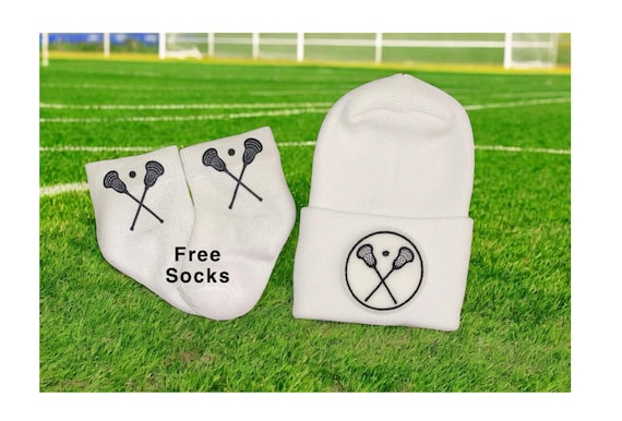 Newborn Hat Lacrosse with FREE SOCKS & Optional Mittens. Gender Reveal, Surprise Dad! Coming Home Hat, Cute Baby Gift