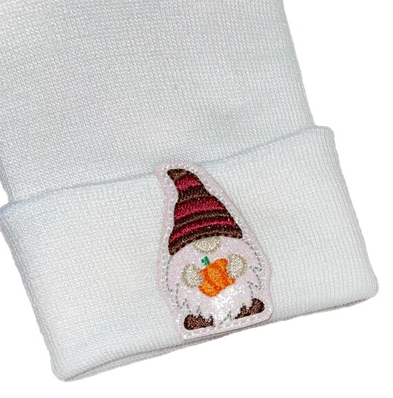 Newborn Hospital Hat! White hospital hat with Gnome Holding Pumpkin
