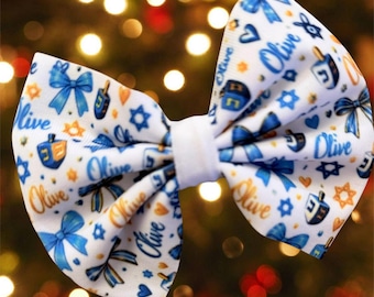 Hanukkah Bow with menorah and NAME on Hat, Headband or Clip! Option to add no scratch mittens. Custom Made Farbic Bow. EXCLUSIVE