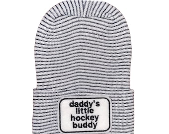 Newborn Hat: Daddy's Little Hockey Buddy, Keepsake Beanie (Optional Mittens)