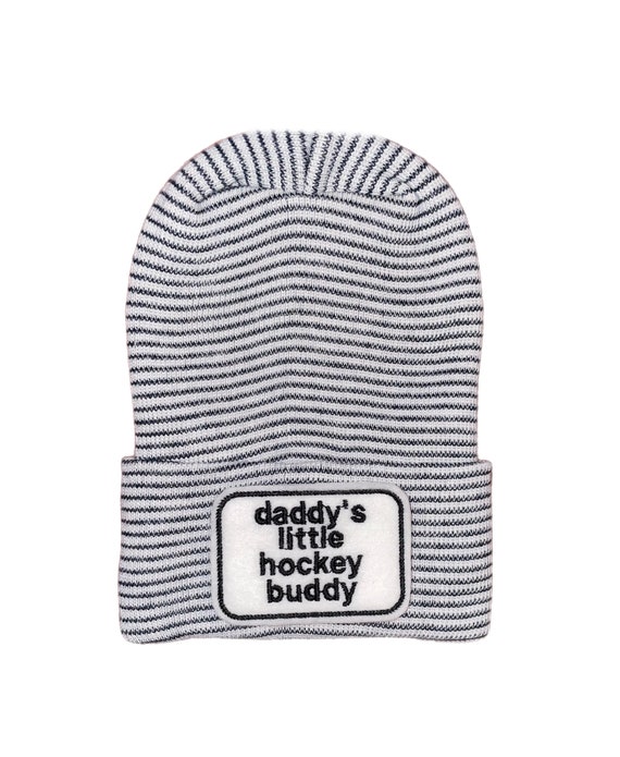 Newborn Hat daddy's little Hockey buddy and OPTIONal Mittens YOU CHOOSE COLOR  1st Keepsake, Gender Reveal, Surprise Dad!