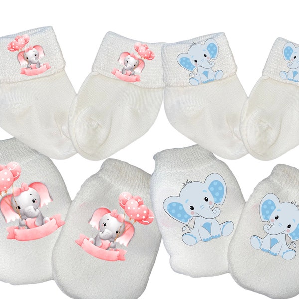 MITTENS & Sock Option Newborn no scratch Mittens With Blue Elephant. Perfect Shower/Newborn Gift! Every Baby Needs. Cute Baby Gift!