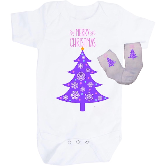 Christmas Baby Bodysuit with Option to add Socks and No Scratch Mittens. Size 0-3 Months to 24 Months. EXCLUSIVELY FOUND HeRe!
