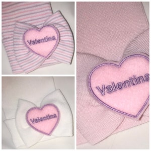 Lavender and pink stripe, white or pink newborn hat with name in lavender on pink heart