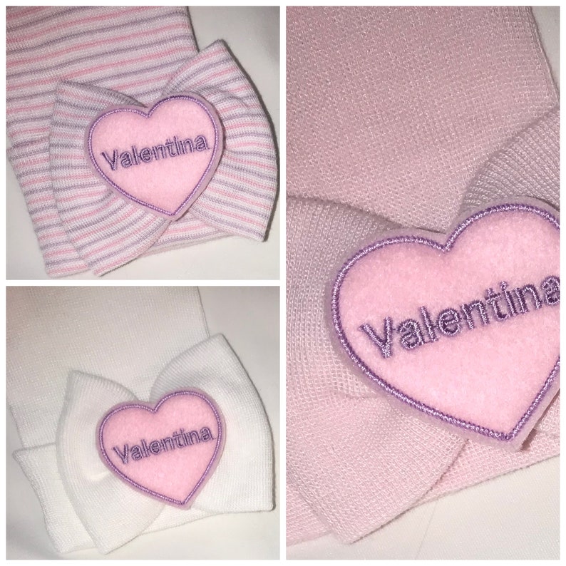 Lavender and pink stripe, white or pink newborn hat with name in lavender on pink heart