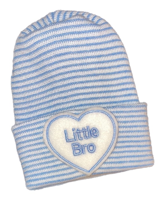 Newborn Hospital Hat. Round Top Blue and White Baby Boy Little Bro. Newborn Beanie. Every New Baby Boy Should Have! Adorable!