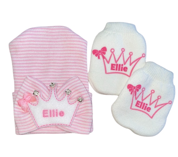 EXCLUSIVE Newborn Hospital Hat & Mittens Monogrammed Crown with Rhinestones and bow CoLOR CHOiCE PERSONALIZED with Name! 1st Keepsake! Cute!