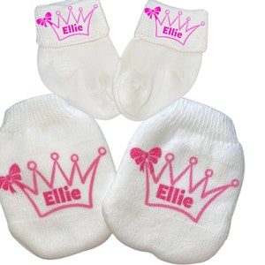 MITTENS with Option to add Matching Socks. No scratch Mittens with Name in Crown! Perfect Newborn Gift! Every Baby Needs. Every Mom Loves!